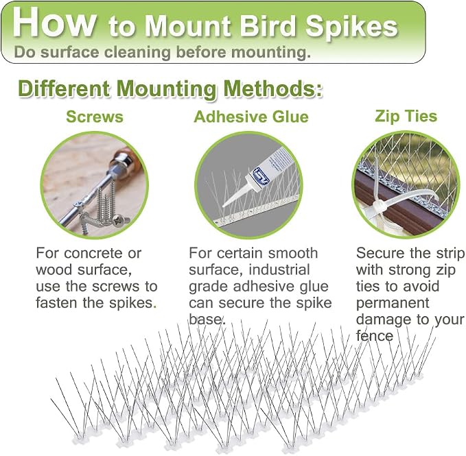 Bird Spikes Stainless Steel 100ft Coverage 93 Pack for Pigeons Small Birds Outdoor Use Bird Prevention Strips for Fence Woodpeckers with 304 Stainless Steel Pins and Plastic Base Not Rusty