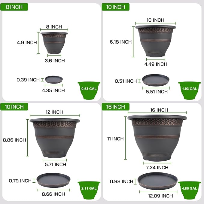 Usocik 12 Inch Plaid Plant Pots 4 Pack with Drainage and Saucers Copper | Copper plaid PP pots with drainage holes and saucers for flowers herbs pothos aloe patio porch garden
