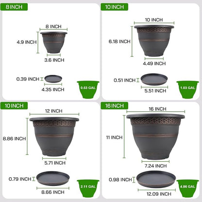Usocik 12 Inch Plaid Plant Pots 4 Pack with Drainage and Saucers Copper | Copper plaid PP pots with drainage holes and saucers for flowers herbs pothos aloe patio porch garden