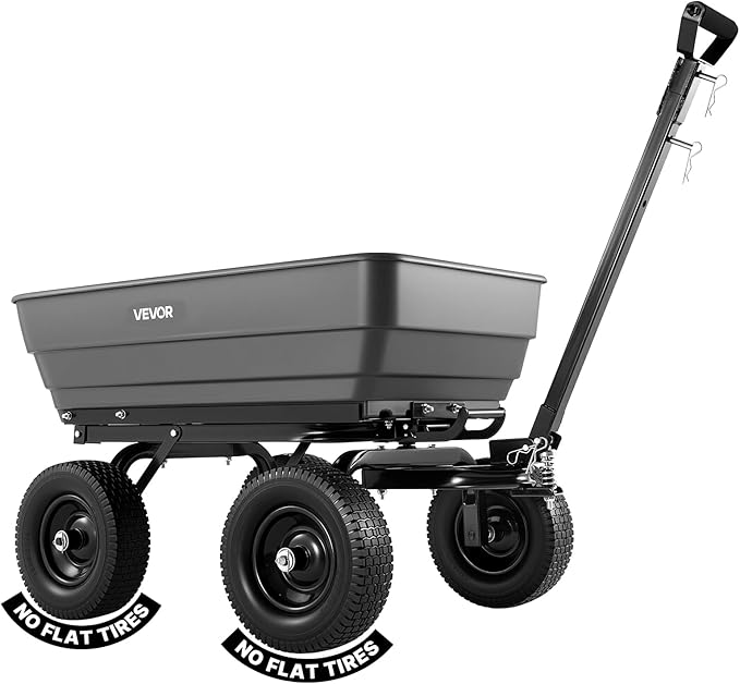 VEVOR 7 Cu.Ft 1200LBS Poly Garden Cart Dump Wagon, Heavy Duty Wheelbarrow with 2-in-1 Convertible Handle and 13" Flat Free Tires, Utility ATV Trailer Yard Dump Cart Tow Behind for Lawn Mower Tractor
