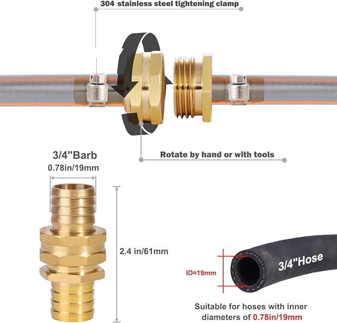 Solid Brass Garden Hose Repair Connector with Clamps Hose End Repair Kit,Fit for 3/4"Garden Hose Fitting,Male and Female Hose Fittings(3/4"-3 Set)