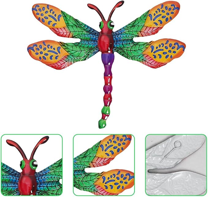 dreamskip 4 PCs Metal Dragonfly Wall Decor Art, Dragonflies Outdoor Wall Art with Colorful Leaves, Hand Painted Outdoor Decor For Garden Yard Fence Patio Outside Decoration