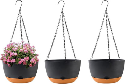 KPUVX 10 Inch Hanging Baskets for Plants Outdoor Self Watering Pots for Indoor Plants, 3 Pack Plastic Hanging Basket with Removable Tray for Home Garden Porch Balcony Patio Decor(Black)
