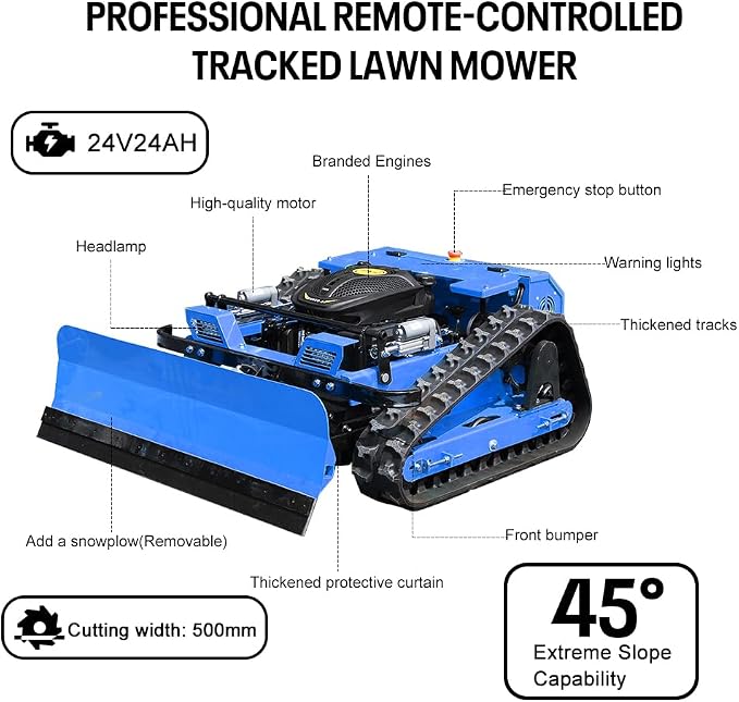 Infront Remote Control Lawn Mower with Snow Plow, Crawler Track All-Terrain System, Hybrid Oil-Electric Power for Steep Slopes and Large Lawns, Adjustable Cutting Height