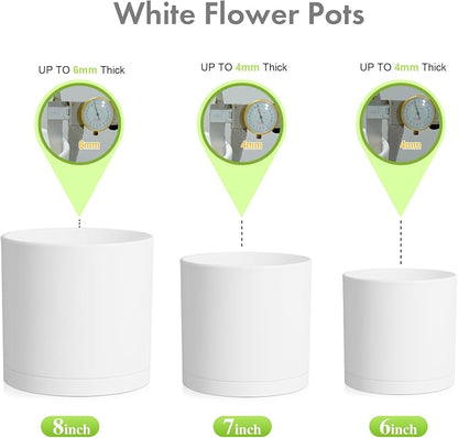 Meowell 8/7/6 inch Plant Pots, Set of 3 Cylinder Flower Pots for Outdoor Indoor Plants, Decorative Plastic Planters with Drainage Holes and Saucers for Garden House Plants, White