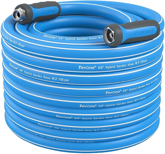 FEVONE Heavy Duty Garden Hose 55 ft, Hybrid Polymer Water Hose | Flexible, Leak-Free, Lightweight, 5/8 ID, 600 PSI, 3/4 GHT Aluminum Fittings with Swivel Handles