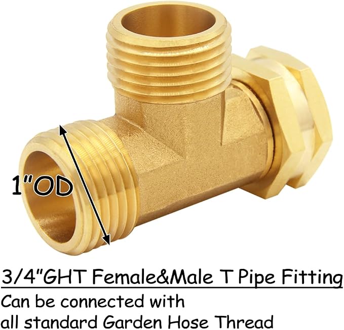 Uenede 2PCS Brass 3/4 Inch GHT Swivel Tee Pipe Fitting 3/4" GHT Male x Male x Female for Garden Hose Threaded Tube Pipe Fittings