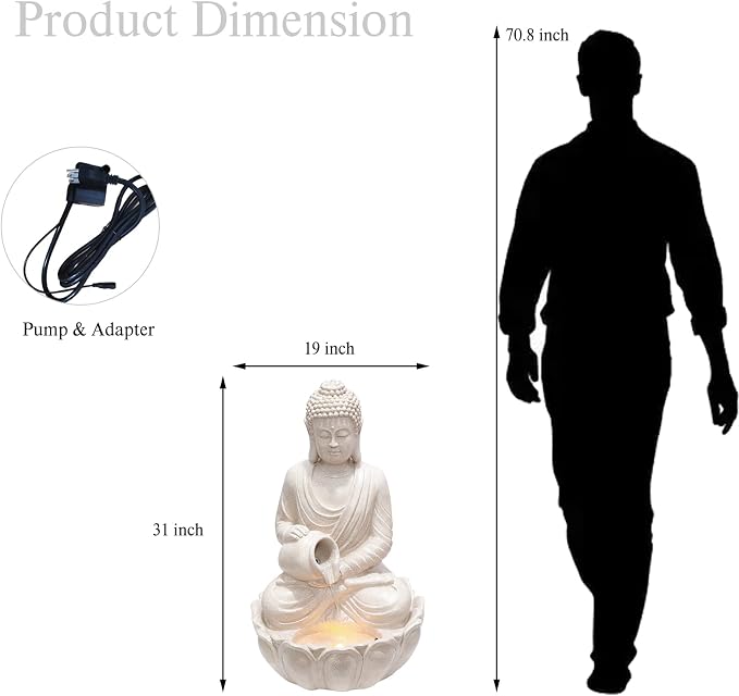 G-LEAF Zen Style Meditating Buddha Statue Water Fountain Outdoor 31'' Tall Patio Garden Water Fountain with LED Light and Submersible Pump Yard Art Decor