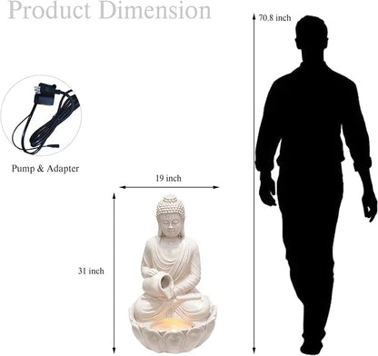 G-LEAF Zen Style Meditating Buddha Statue Water Fountain Outdoor 31'' Tall Patio Garden Water Fountain with LED Light and Submersible Pump Yard Art Decor