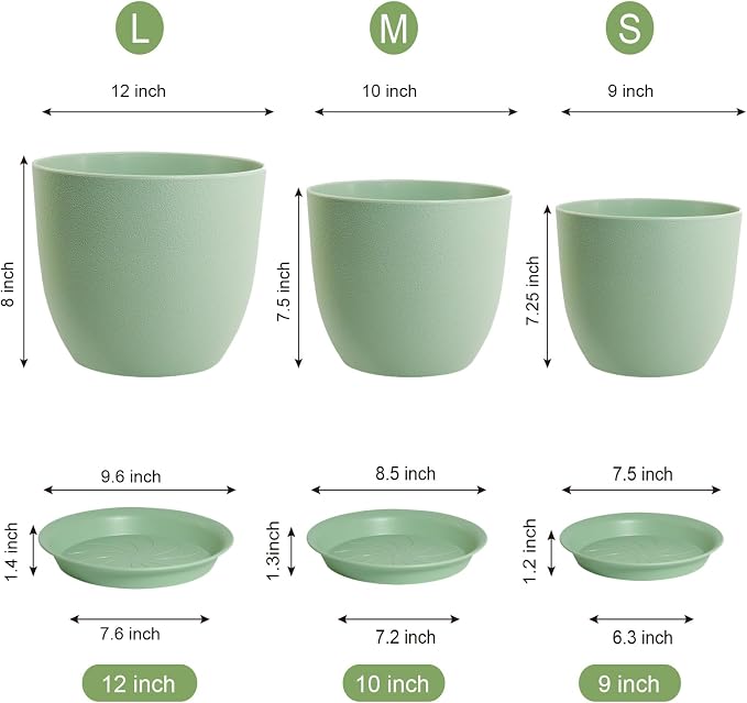 WSMKSZ Large Plant Pots 12/10/9 inch, Set of 3 Modern Decorative Plastic Planters with Drainage Holes and Saucers, Flower Pots for Indoor Outdoor Plants, Green