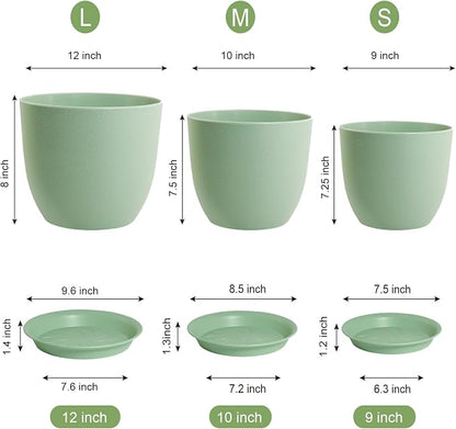 WSMKSZ Large Plant Pots 12/10/9 inch, Set of 3 Modern Decorative Plastic Planters with Drainage Holes and Saucers, Flower Pots for Indoor Outdoor Plants, Green