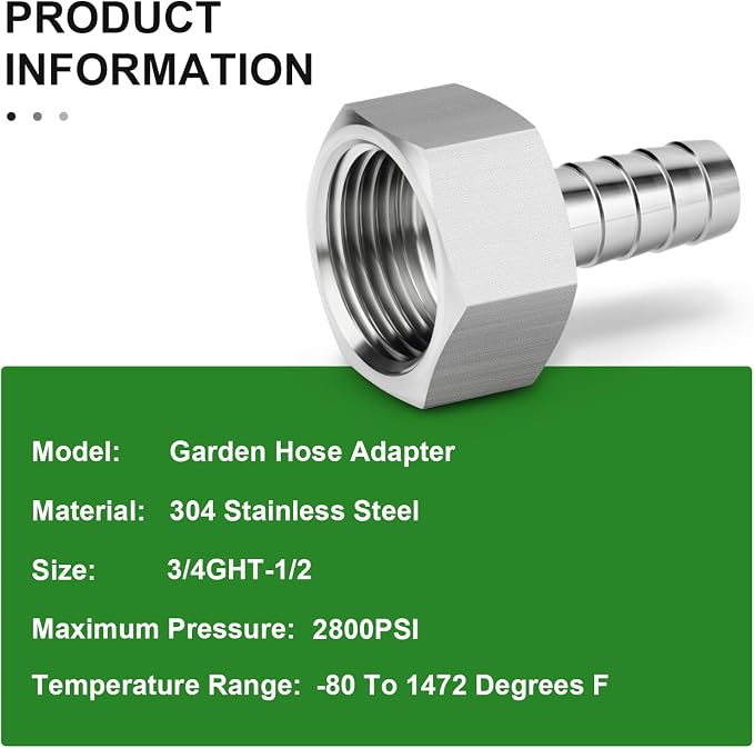 TAISHER 1PCS 304 Stainless Steel Garden Hose Repair Connector, 1/2" Barb x 3/4" GHT Female Garden Hose Adapter with Hose Clamps