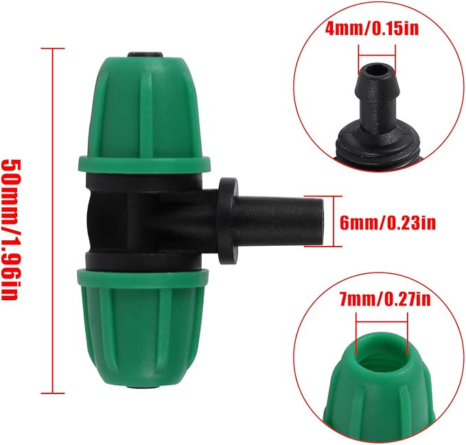 6mm to 1/4 Inch Barb Tee for for ¼ in. tubing; Tubing Outside Diameter (OD) is 0.250 in., Internal Diameter (ID) is 0.170. in. (20Pcs/Pack) (Green-1/4" to 6mm)