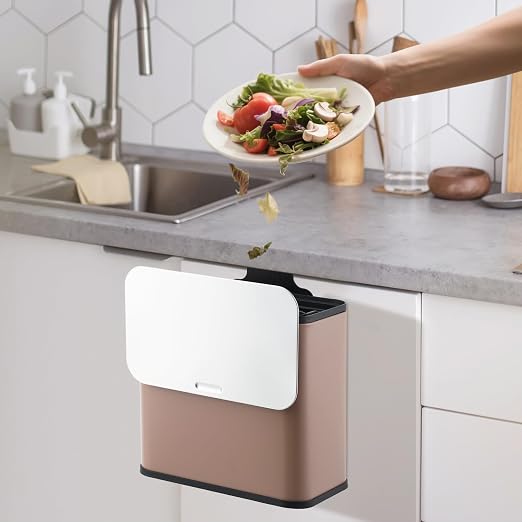 1.3 Gallon/5L Slim Stainless Steel Trash Can with Lid, Odor Control Charcoal Filter, Removable Bucket, Hanging/Wall Mounted/Standing Waste Bin for Kitchen, Bathroom, Bedroom, Office - Brown