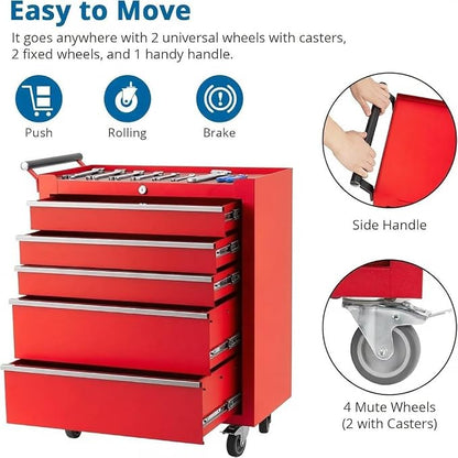 5-Drawer Rolling Tool Chest,Tool Cabinet on Wheels with Keyed Locking System and Drawer Liners,Tool Chest with Link Buckle and Can Be Combined to Large Cabinet Set,for Garage, Warehouse & Repair Shop