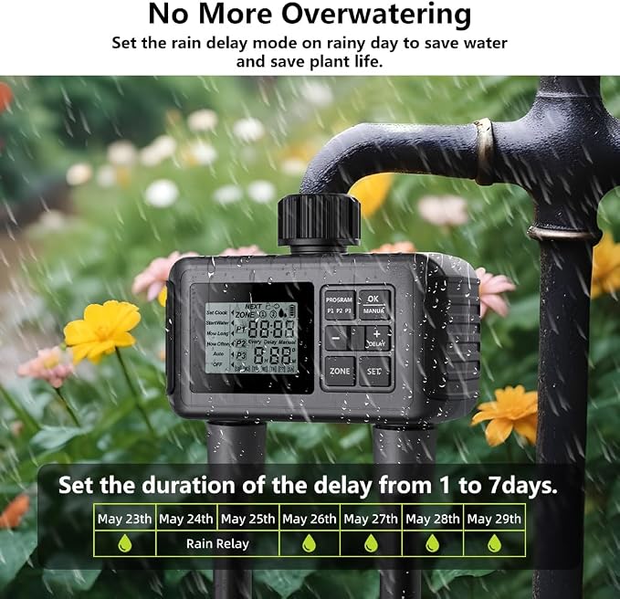 Uzoli 2-Zone Sprinkler Timer for Garden Hose, Programmable Water Timer with Automatic & Manual Mode, Rain Delay, IP55 Waterproof for Yard, Lawn, Pool