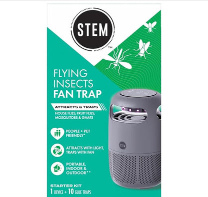 STEM Flying Insect Fan Trap for Indoor Bug Control, Attracts Mosquitoes, Fruit Flies, and House Flies, Plug-in Fan with UV Light, Starter Kit Includes 1 Device and 10 Glue Traps