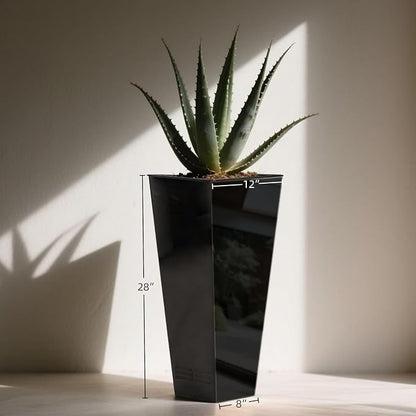 Worth 2 Pack 28" Tall Large Metal Planter, Tapered Steel Flower Pots with Insert Plate with Drain Holes & Air Vents for Indoor or Outdoor Use, Black