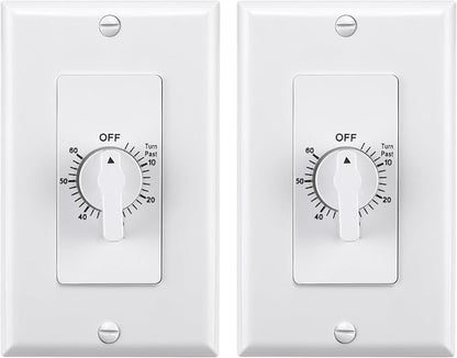 BN-LINK 60 Minute Spring Wound Bathroom Fan Timer Switch, Mechanical Countdown Light Switch Timer for Exhaust Fan & Lights, No Neutral Required, Wall Plate Included, ETL Listed, 2 Pack