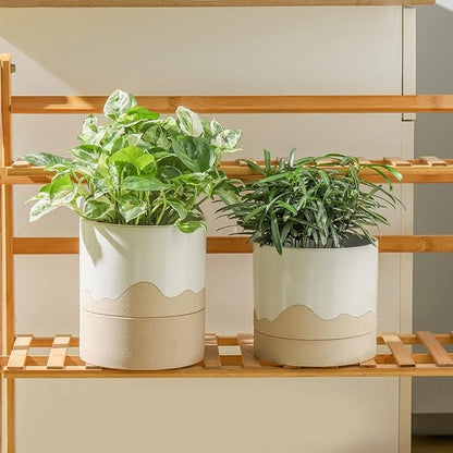 Nihow Ceramic Plant Pot,6 Inch Planter with Drainage Hole&Saucer for Indoor | White & Nature,Indoor & Outdoor, Cylinder Round Flower Pot, For Succulent/Herbs/Violets