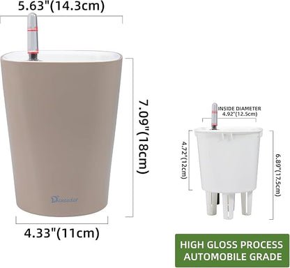 Dexceder 6x7 Self Watering Planter (Taupe) | High Gloss Table Flower Plant Pot with Water Level Indicator Indoor Outdoor