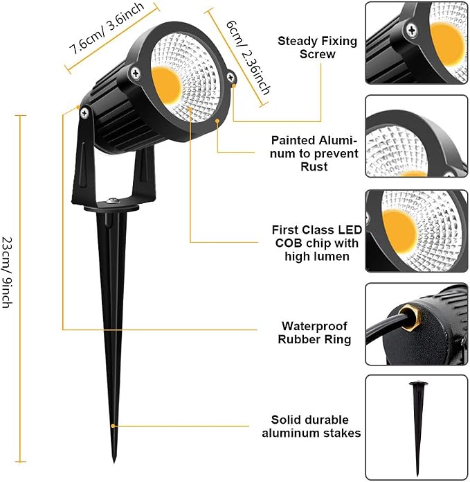 ZUCKEO Low Voltage Landscape Lights 5W LED Landscape Lighting 12V 24V Outdoor Spotlights Waterproof Garden Decorative Landscaping Warm White Lights for Patio Garden Pathway Floor Yard Decor(6 Pack)