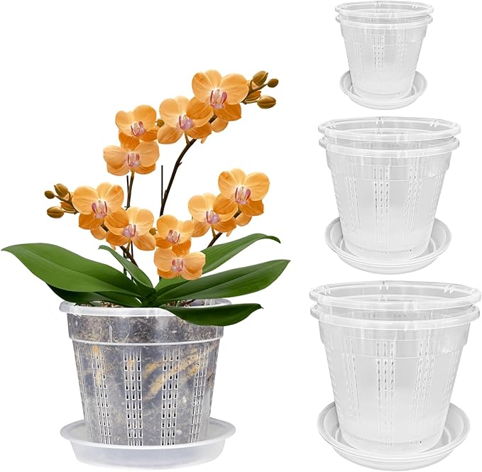 Orchid Pot with Saucers, 6 Pack Orchid Pots with Holes, 2 Each of 4.3",5.5",6.1" Clear Plastic Planter for Indoor Outdoor Plants (2 Each of 4.3,5.5",6.1" with Saucers)