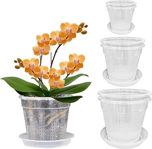 Orchid Pot with Saucers, 6 Pack Orchid Pots with Holes, 2 Each of 4.3",5.5",6.1" Clear Plastic Planter for Indoor Outdoor Plants (2 Each of 4.3,5.5",6.1" with Saucers)