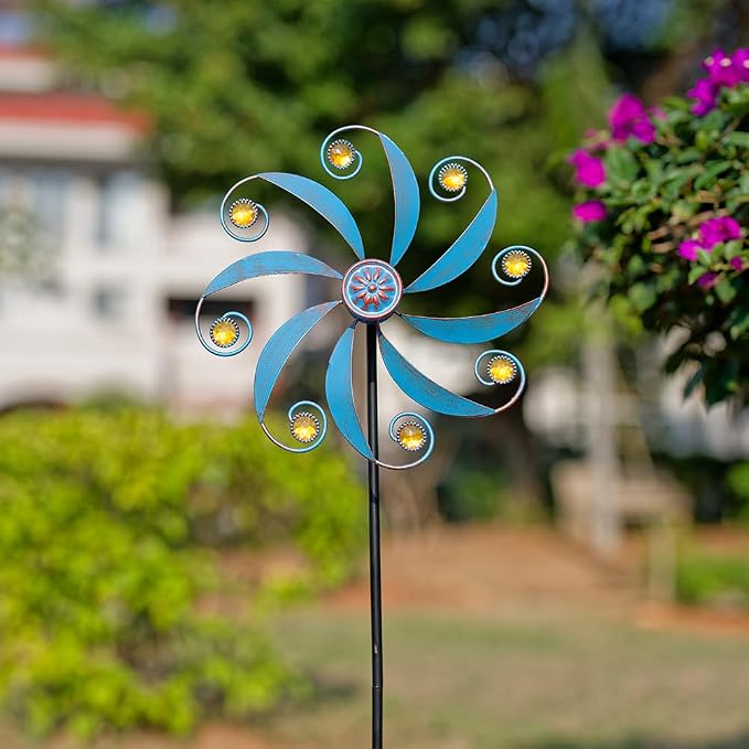 Stargarden 2Pack Wind Spinner, Outdoor Wind Sculptures | Metal Small Garden Pinwheels for Yard and Garden Decor,Blue
