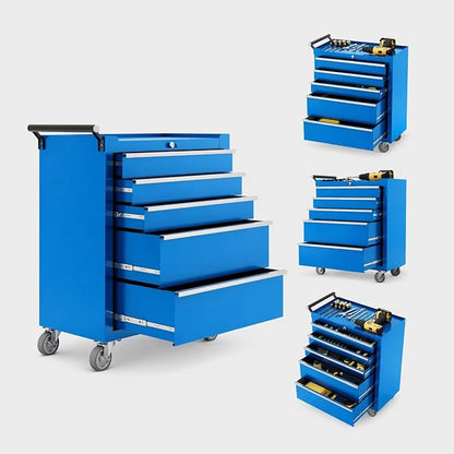 IDEALHOUSE Rolling Tool Chest, 5 Drawers Tool Storage Cabinet, Toolbox with Wheels, Portable Tool Cabinet Organizer with Locking System & Drawer Liners, Tool Storage Cart for Garage, Workshop, Blue