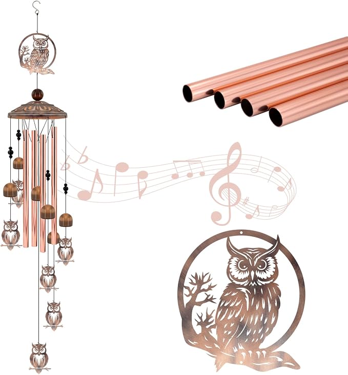 36 Inch Owl Wind Chimes for Outside - Rustic Copper Metal Silhouette Decor with 6 Handcrafted Pendants - Wisdom & Guardian Memorial Windchime - Unique Gift for Owl Lovers, Garden & Patio