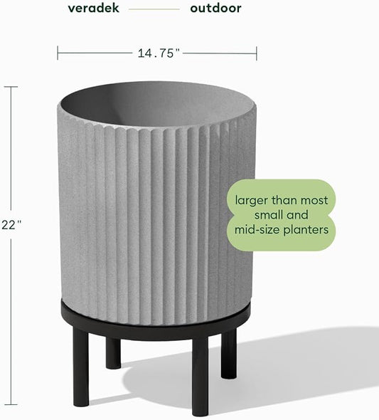 Veradek Demi Series Round Planter w/ Stand for Porch/Patio | Durable Plastic-Concrete & Wooden Stand | Modern Décor for Tall Plants, Flowers