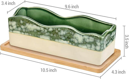 MyGift Rectangular Succulent Planter - Decorative Beige and Green Ceramic Glazed Plant Container Pot with Removable Bamboo Tray