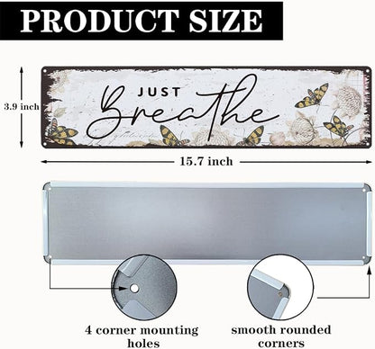 Garden Metal Tin Sign, Vintage Farmhouse Decor, Just Breathe, Butterfly Wall Decor for Yard Fence Door Porch, Inspirational Indoor Outdoor Garden Decoration, 15.7 x 3.9 Inches