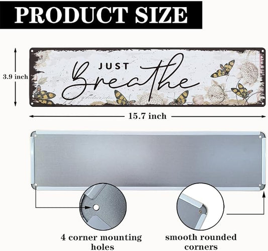 Garden Metal Tin Sign, Vintage Farmhouse Decor, Just Breathe, Butterfly Wall Decor for Yard Fence Door Porch, Inspirational Indoor Outdoor Garden Decoration, 15.7 x 3.9 Inches