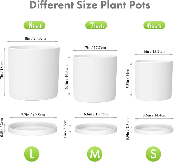 Meowell 8/7/6 inch Plant Pots, Set of 3 Cylinder Flower Pots for Outdoor Indoor Plants, Decorative Plastic Planters with Drainage Holes and Saucers for Garden House Plants, White