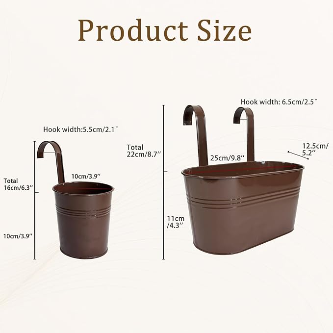 Pack of 8 Metal Hanging Planters for Outdoor Plants, 4 Pcs 4" Round Railing Planter & 4 Pcs 10" Oval Fence Flower Pots for Balcony Garden Decor, Chocolate