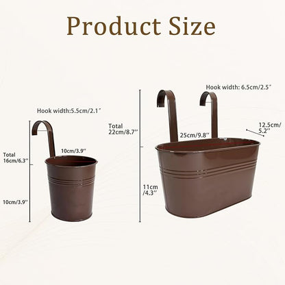 Pack of 8 Metal Hanging Planters for Outdoor Plants, 4 Pcs 4" Round Railing Planter & 4 Pcs 10" Oval Fence Flower Pots for Balcony Garden Decor, Chocolate