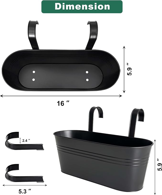 vensovo 16 Inch Railing Planter for Outdoor Plants - 3 Pack Large Metal Balcony Hanging Planters with Detachable Hooks and Drain Holes Oval Box Rail Pots for Home Garden Fence, Black