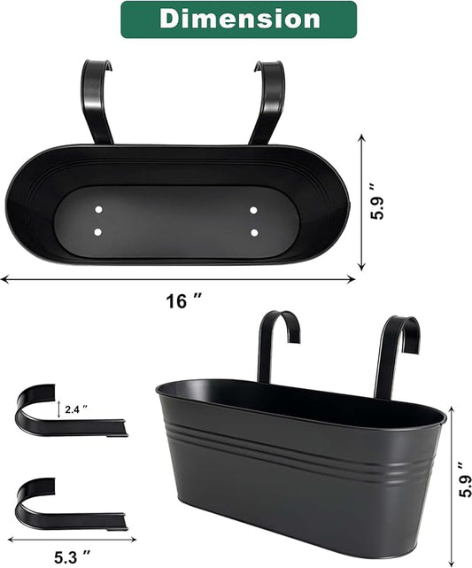 vensovo 16 Inch Railing Planter for Outdoor Plants - 3 Pack Large Metal Balcony Hanging Planters with Detachable Hooks and Drain Holes Oval Box Rail Pots for Home Garden Fence, Black