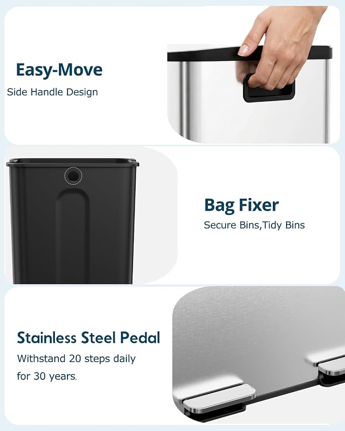 2 x 40L (2 x 10.6 Gallon) Dual Compartment Trash Can, Stainless Steel Kitchen Step Garbage Bin with Soft-Close Lid, Fingerprint-Resistant, Removable Inner Buckets for Waste Sorting,Home,Office