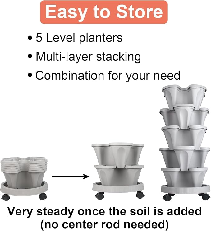 GameXcel Vertical Planter Tower - 7 Tier Stackable Garden Planters with Wheels and Tools Plant Pots for Strawberry Herb Flower and Vegetable Indoor Outdoor Use Gray