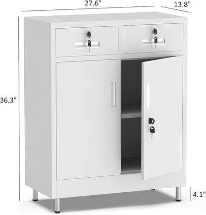 JINGUR Metal Storage Cabinet with Locking Doors and 2 Drawers, Lockable Storage Cabinet with Adjustable Shelf for Home Office Garage Entryway Pantry (White)