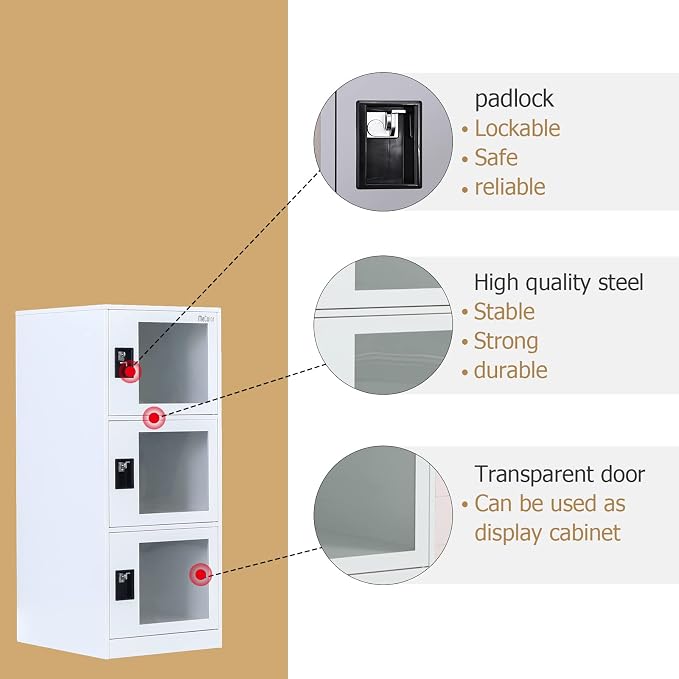 MECOLOR Vertical Single-Layer Small lockers with Padlocks and latches, 2 or 3 compartments, for Employees, Families, Offices, Schools, supermarkets and Other Places, (Full White, G3V)