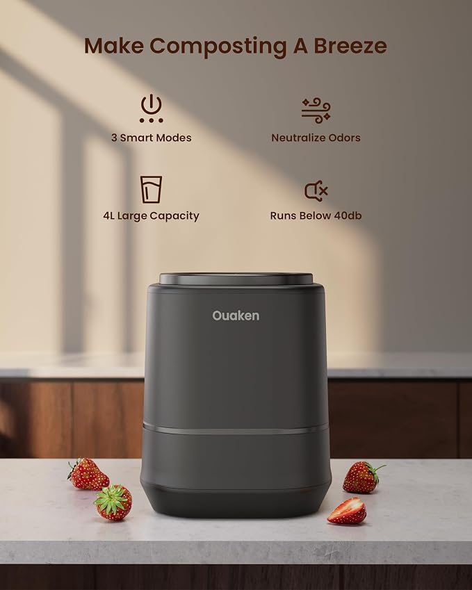 4L Electric Composter for Kitchen, Smart Countertop Compost Bin, Odorless | Low Noise | Auto-Cleaning | Turn Food Waste into Fertilizer, Indoor Food Waste Compost Machine, Black