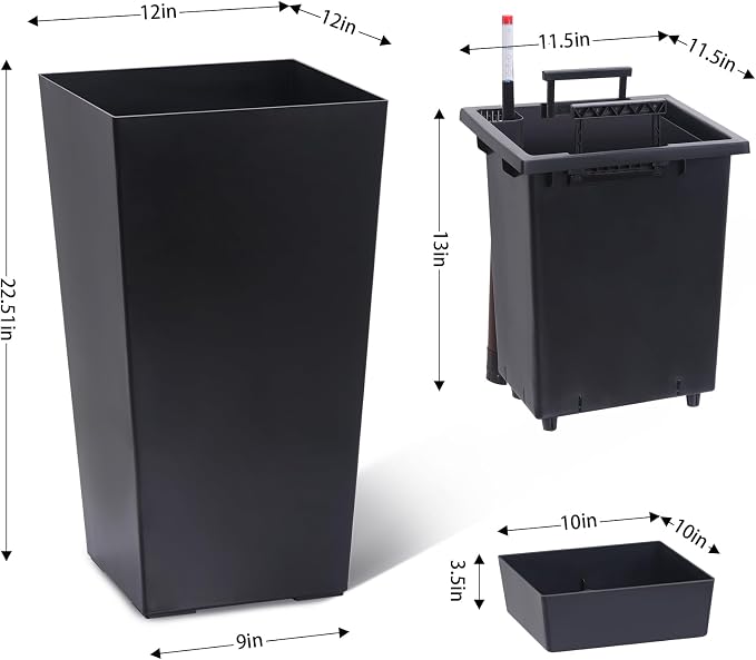 GarveeLife 22.5 in Tall Planters Set of 2, Outdoor＆Indoor Black Planter Pots, High Front Porch Planter Pots with Drainage Holes＆Water Level Monitor＆Inner Bucket, Automatic Watering, Black