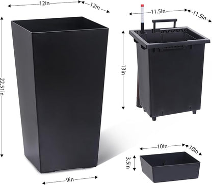 GarveeLife 22.5 in Tall Planters Set of 2, Outdoor＆Indoor Black Planter Pots, High Front Porch Planter Pots with Drainage Holes＆Water Level Monitor＆Inner Bucket, Automatic Watering, Black