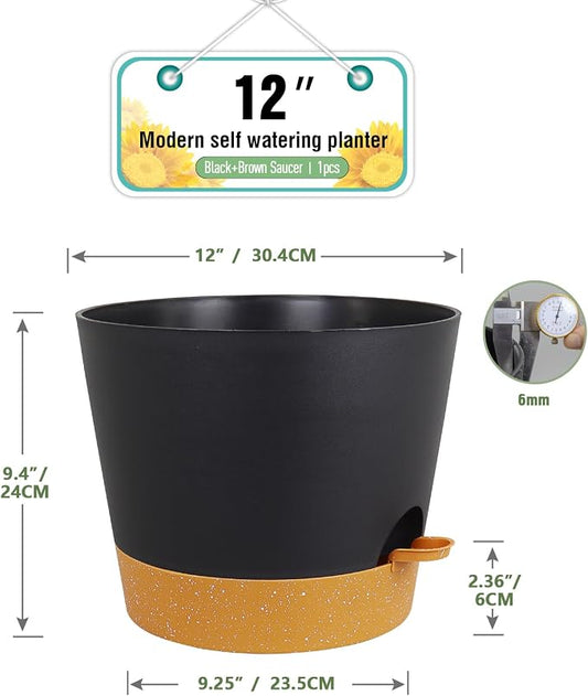 Meowell 12 inch Large Self Watering Pots, Plant Pots with Mesh Drainage Holes for Indoor Outdoor Plants, Plastic Planters with Deep Reservoir for Garden House Flower Plants, Black with Brown