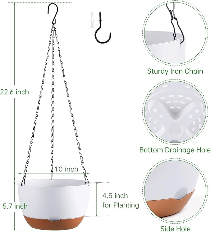 Set of 2 Hanging Planters for Indoor Outdoor Plants, 10 Inch Self-Watering Hanging Flower Pots with Drainage Hole & Removable Water-Storage Tray (Hooks)