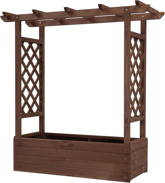 Vasitelan Raised Garden Bed with Trellis, Wooden Elevated Planter Box w/Drainage Holes & Removable Bottom Panels for Climbing Vine Flower, Indoor Outdoor Wood Planter for Yard Patio (Brown)
